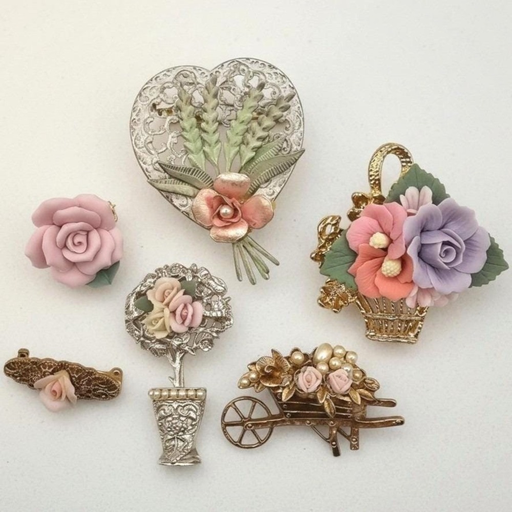 Vintage Floral Porcelain Brooch Lot Flower Basket Heart Wheelbarrow Rose 6pc